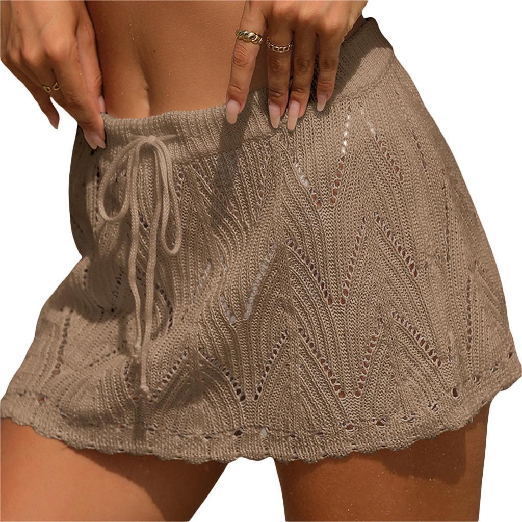 Women Crochet Cover Up Skirt Summer Drawstring High Waist Beach Coverups Knitted Mini Skirt