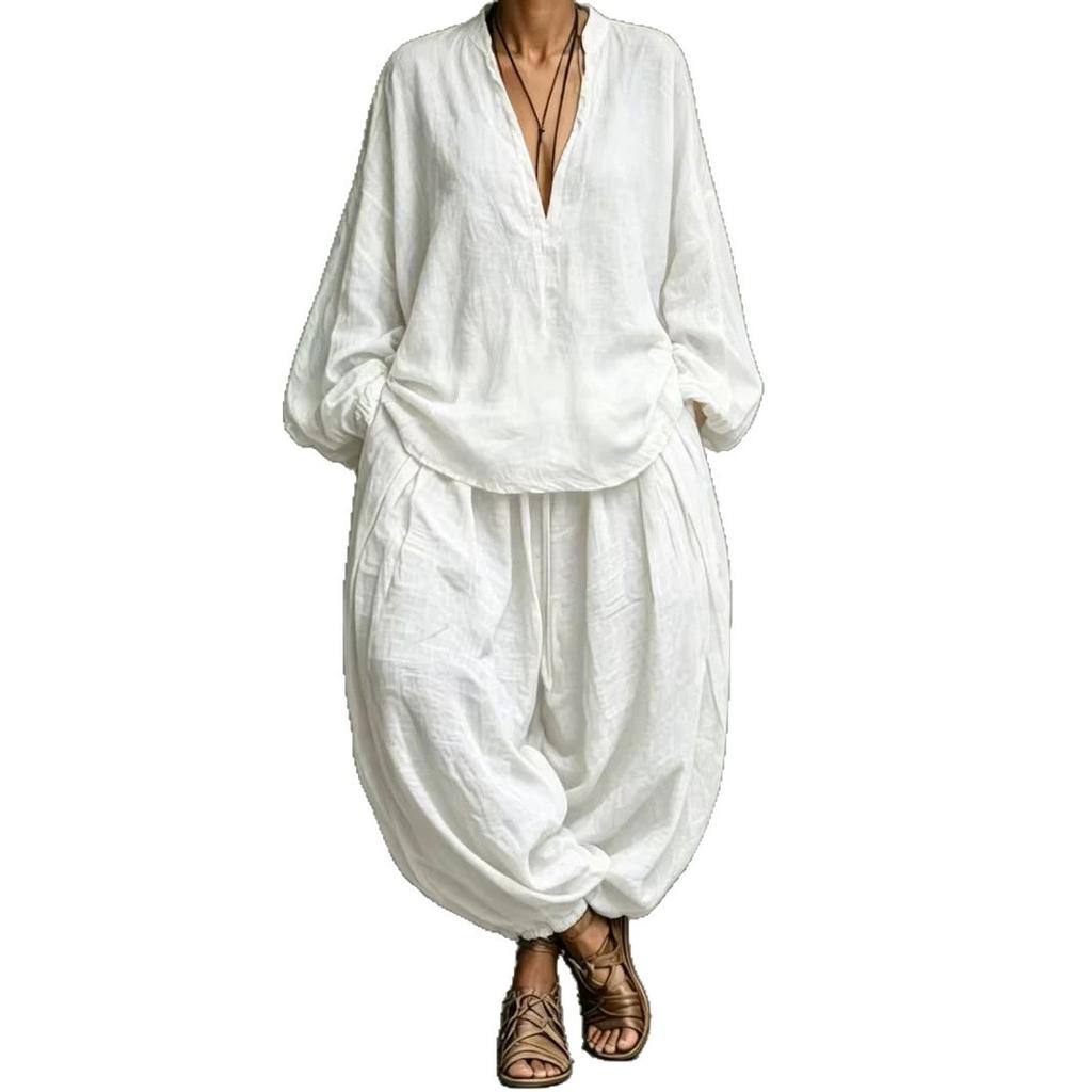 1116 popular women's clothing casual elegant lazy wind V-neck cotton and linen lantern sleeve two-piece set