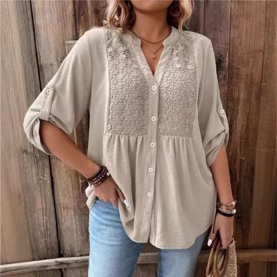 Plus Size Women S Lace Splice V Neck Long Sleeve Shirt