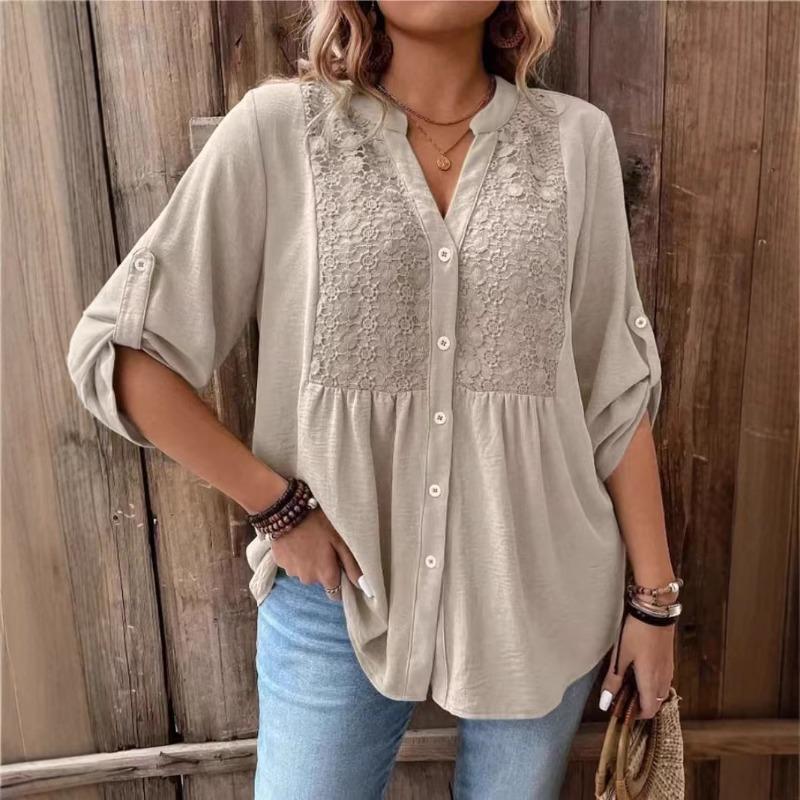 Plus Size Women S Lace Splice V Neck Long Sleeve Shirt