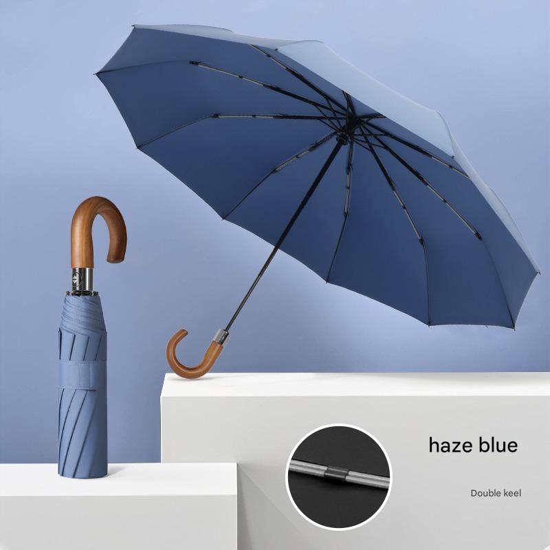 Fully Automatic Curved Hook Wooden Handle Umbrella Enlarged Thickened Black Glue Three-fold Wind Rain Resistan Business Umbrella