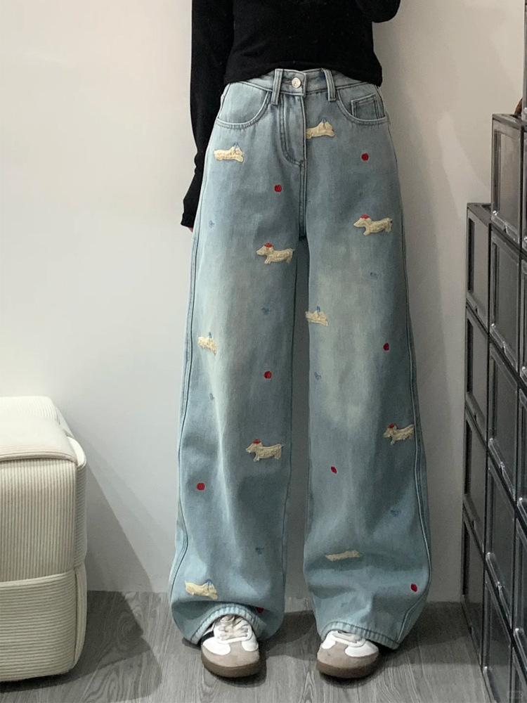 Women s Fun Dog Embroidery Denim Pants: Autumn/Winter Velvet-Lined, Warm, Loose Wide-Leg Fit L