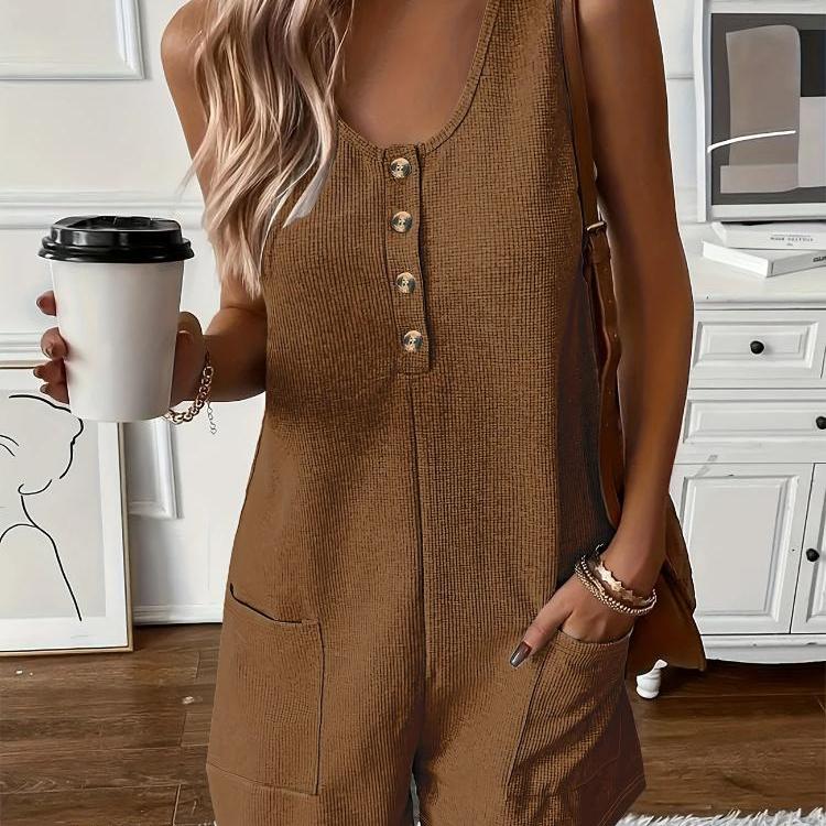 Jumpsuit met knoopjes aan de voorkant en zakken, zomerse, casual, effen, mouwloze jumpsuit