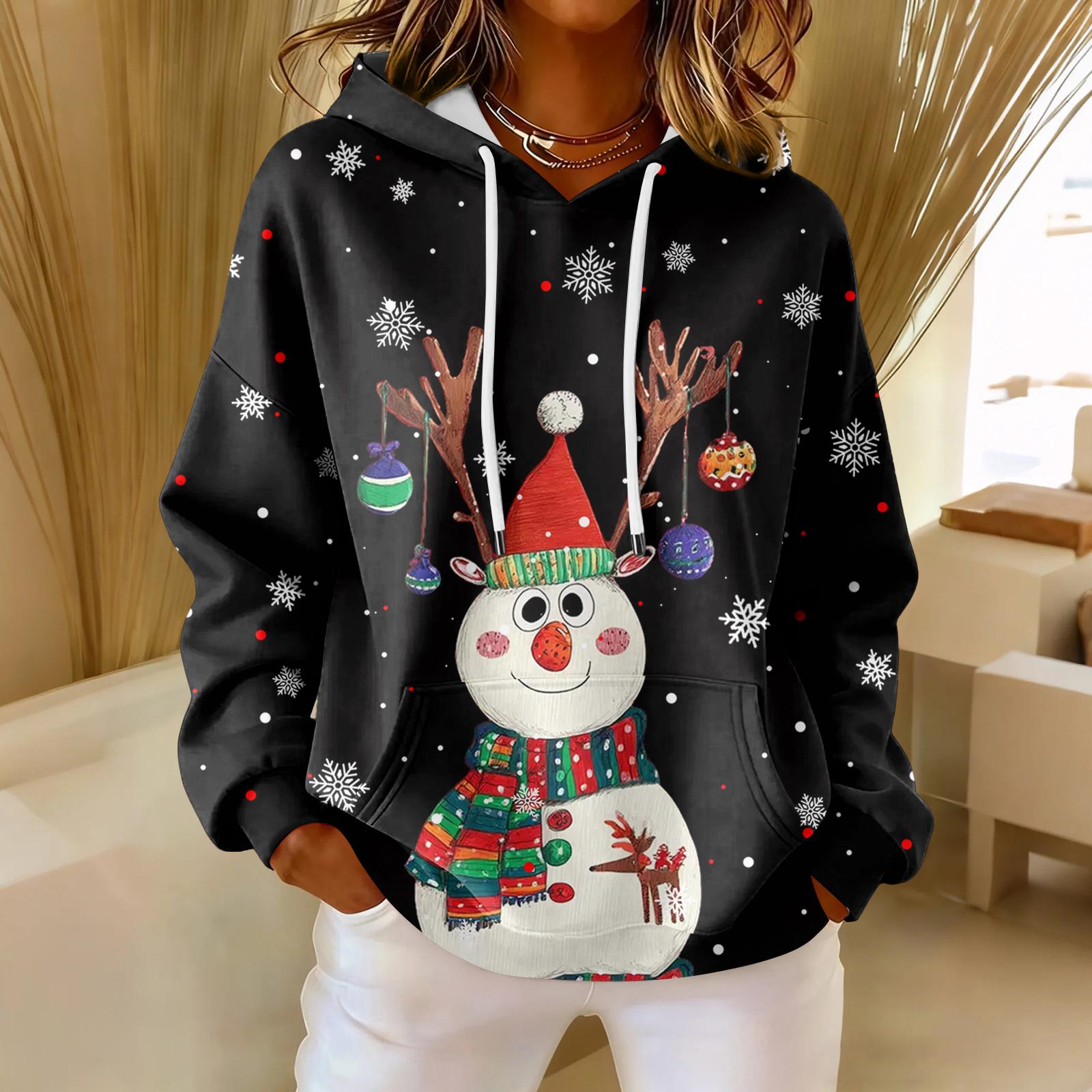 

Women s Loose Comfortable Casual Fashion V-Neck Christmas Print Long Sleeve Hoodie L чорний