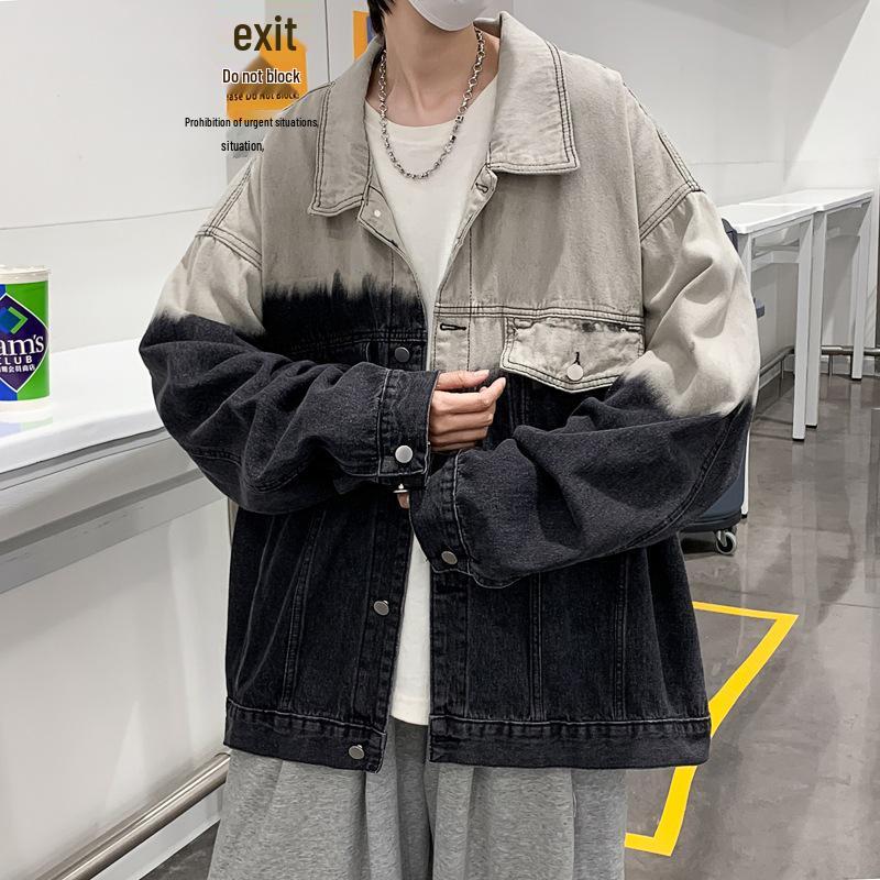 Men's Autumn Retro Gradient Color Denim Jacket - Loose Fit, Korean & Hong Kong Style, Unisex Color Block Design
