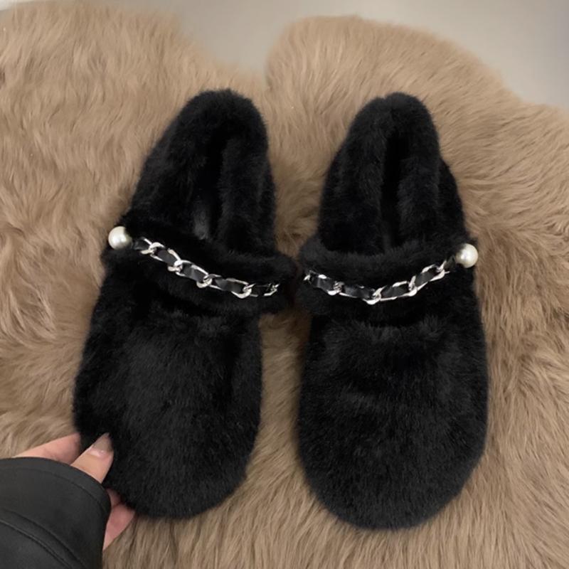 

Модные женские туфли на плоской подошве с меховой цепочкой, осенняя новая дизайнерская повседневная обувь для женщин 2024 года, трендовая домашняя хлопковая обувь, удобное платье для прогулок Mujer Zapatos 39 чёрный