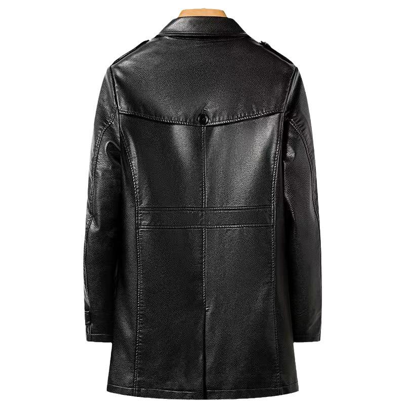 Giacca a vento da uomo di media lunghezza in vera pelle: Collo alla giacca, con velluto, Calda, Giacca Business Casual per Autunno/Inverno.