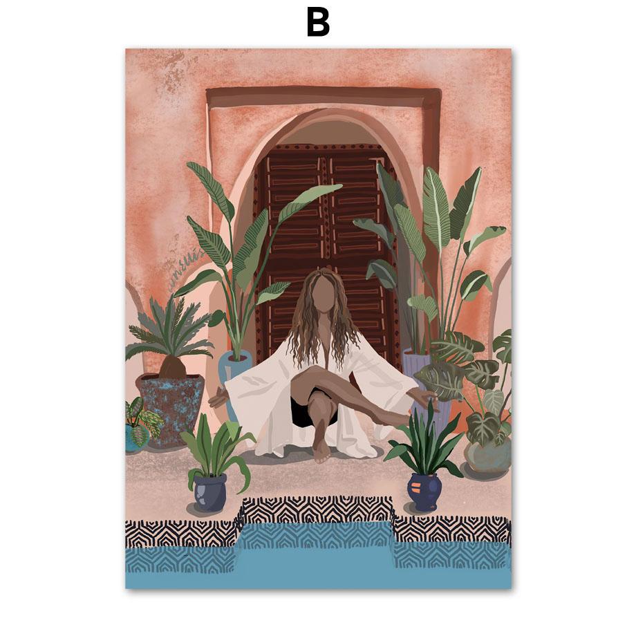 Abstrakcyjna moda dziewczyna czytająca joga odpoczynek liść palmowy plakat skandynawski ścienny drukowany obraz na płótnie malarstwo dekoracyjne zdjęcia do salonu