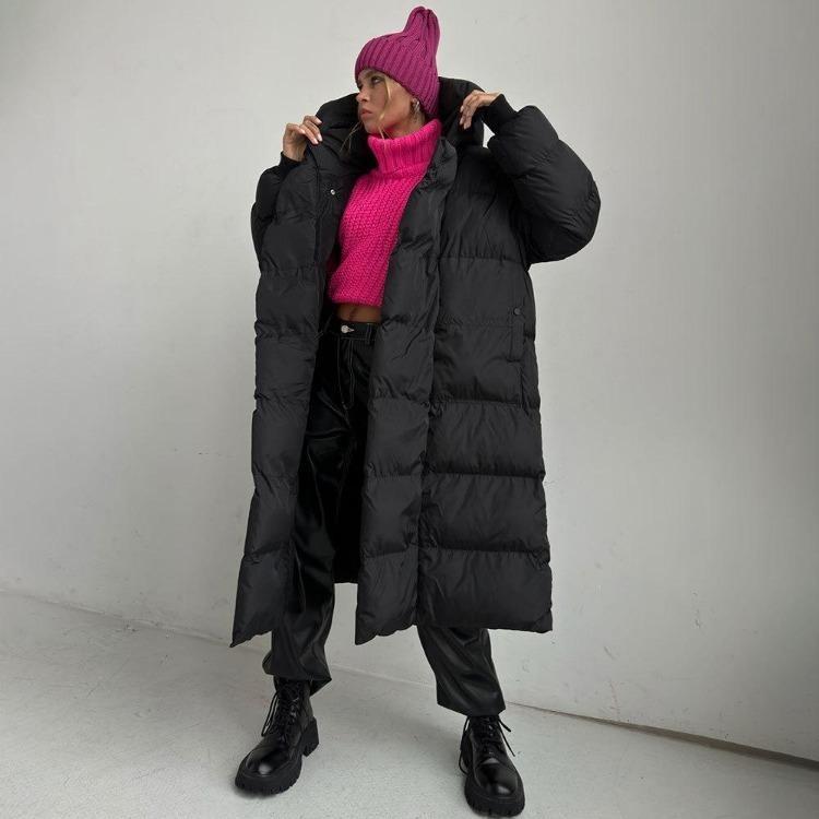 Winter Warmer Damen Oversize Langer Daunenmantel Maxijacke mit Abnehmbarer Kapuze Durchgehender Reißverschluss Gepolstert Langarm