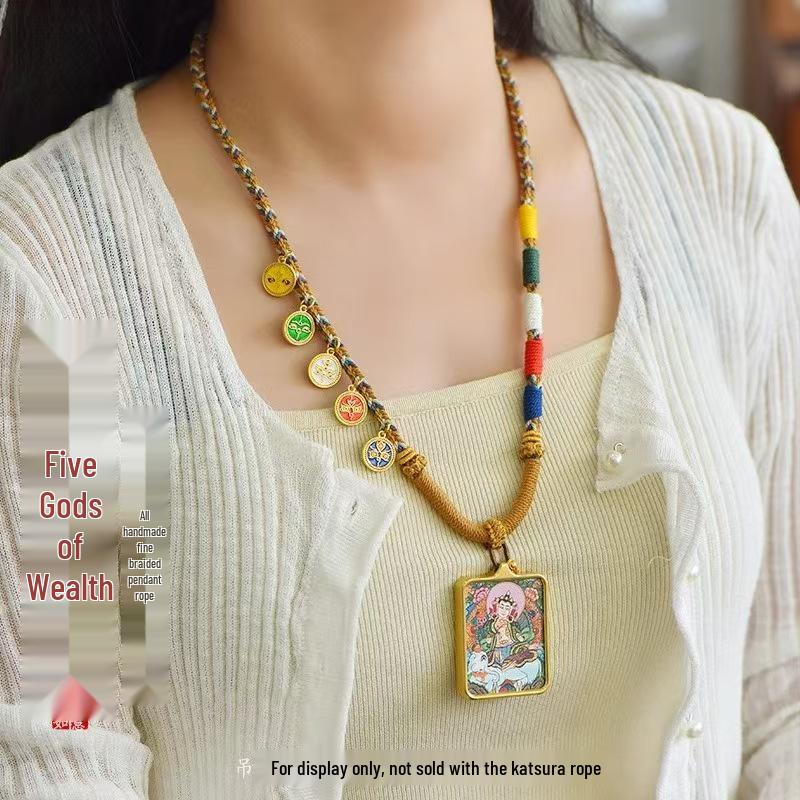 Five Wealth Gods Thangka Pendant Necklace | Tibetan Style Handmade Amulet with Beeswax Cinnabar Braided Rope