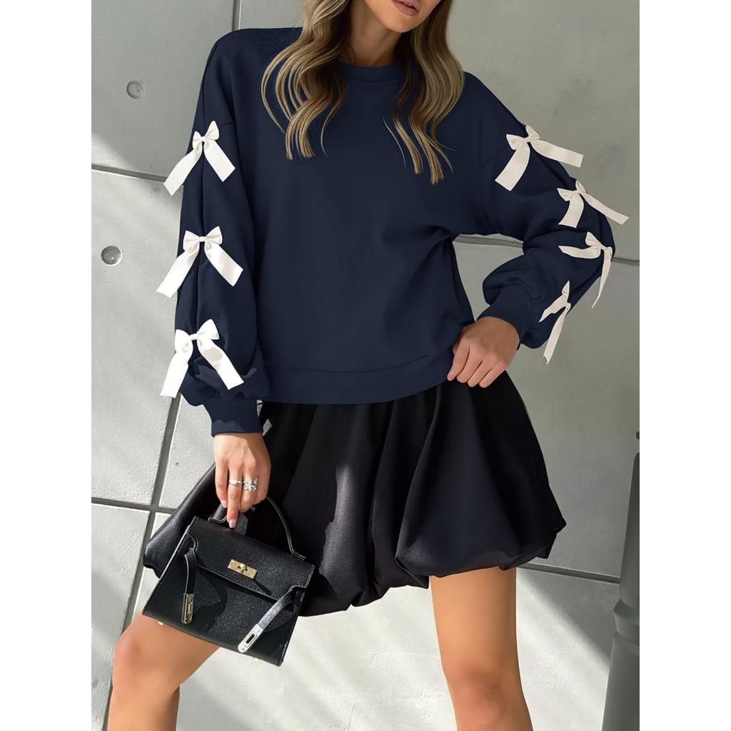 2025 Autumn Winter Women's Red Christmas Sweatshirt Sweet Style Round Neck Bowknot Pullover Top for Women