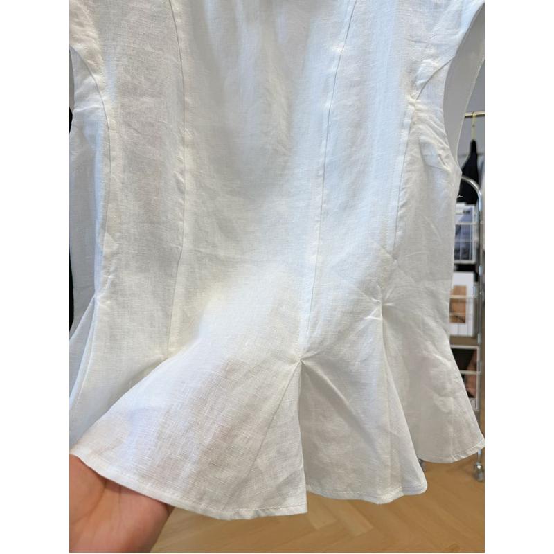 Damen marineblaues Leinen Peplum Top ärmellos Rundhalsausschnitt Rüschensaum lässige Bluse