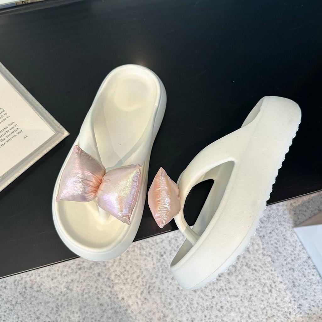 Outer Wear Pinch Foot Flat Bottom Beach Non-slip Cool Slippers Fashion Internet Celebrity Bow Flip-flops Women 2025 Summer and Autumn New