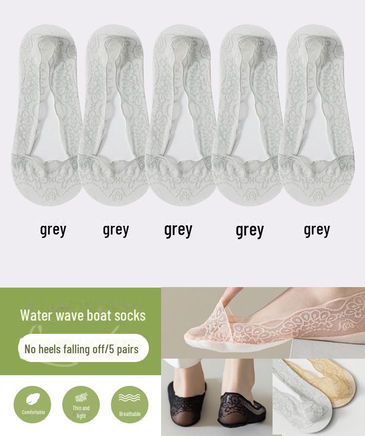 Women's Non-Slip Lace Boat Socks - Thin Summer White, Peacock Screen, Water Wave Design, Low-Top, Shallow Mouth, Ice Silk, Invisible Style.