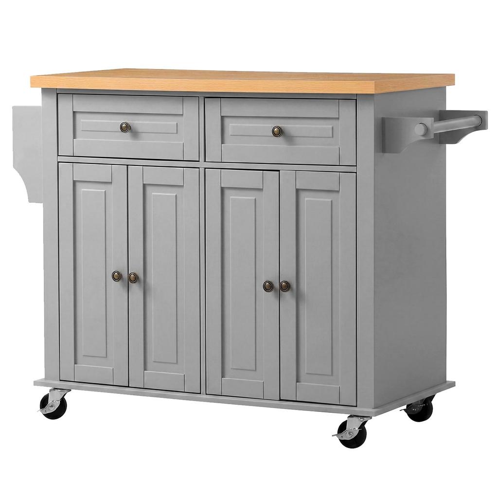 Kitchen Island Cart with Storage, 1110 mm Wide Mobile Rolling Storage Island on Swivel Wheels, with 2 Drawers, Storage Cabinet, Spice/Towel Rack,
