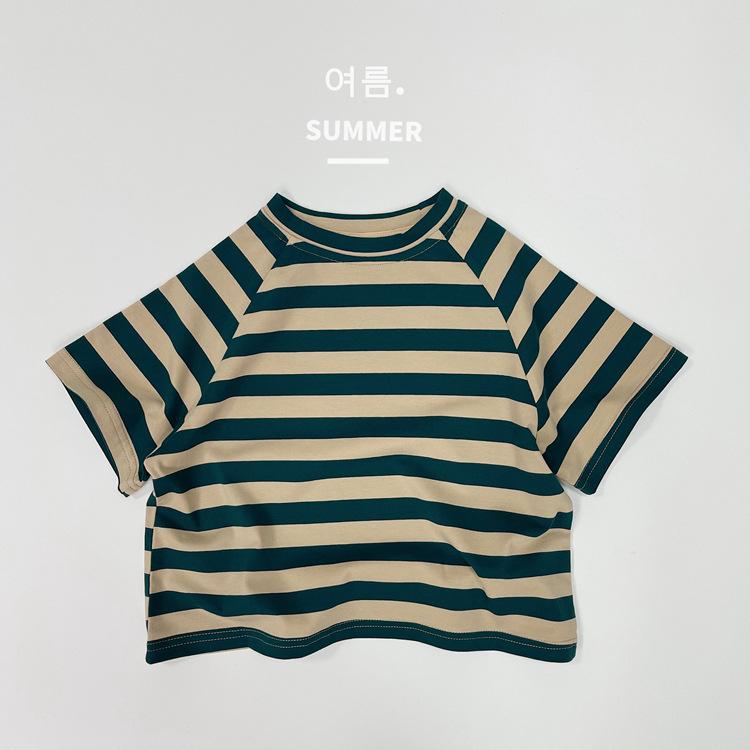 Korean Style Kids Striped Short Sleeve T Shirt Casual Baby Unisex Summer Top 80cm зелёный