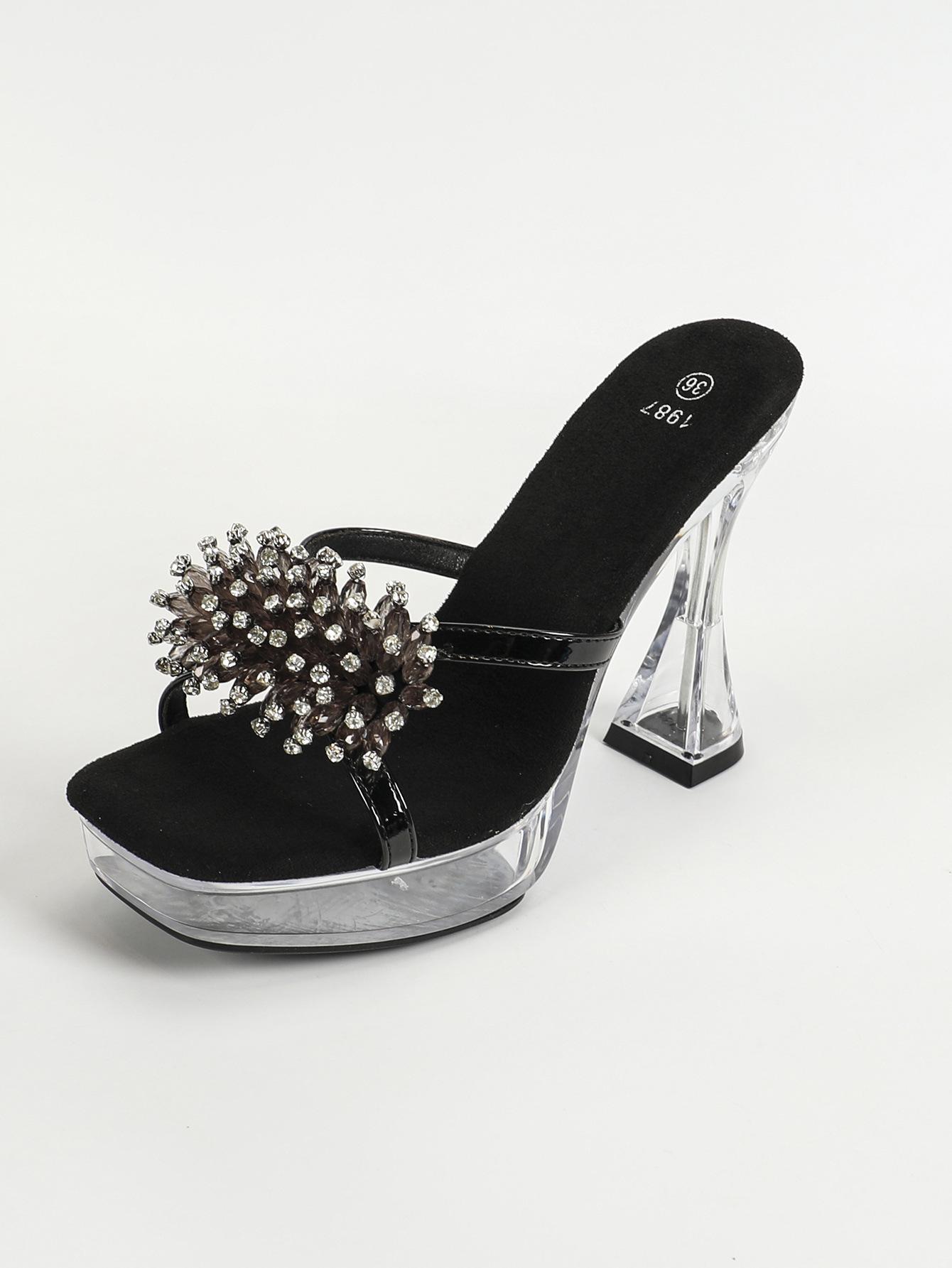 

Женские босоножки на платформе, модные, прозрачные, для ночного клуба, на толстом каблуке, с квадратной головкой, нескользящие, со стразами, 12 см, LFD-1987-49 40 чёрный