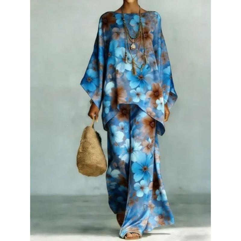 New round neck bat sleeve printed loose set bohemian lazy casual two-piece set