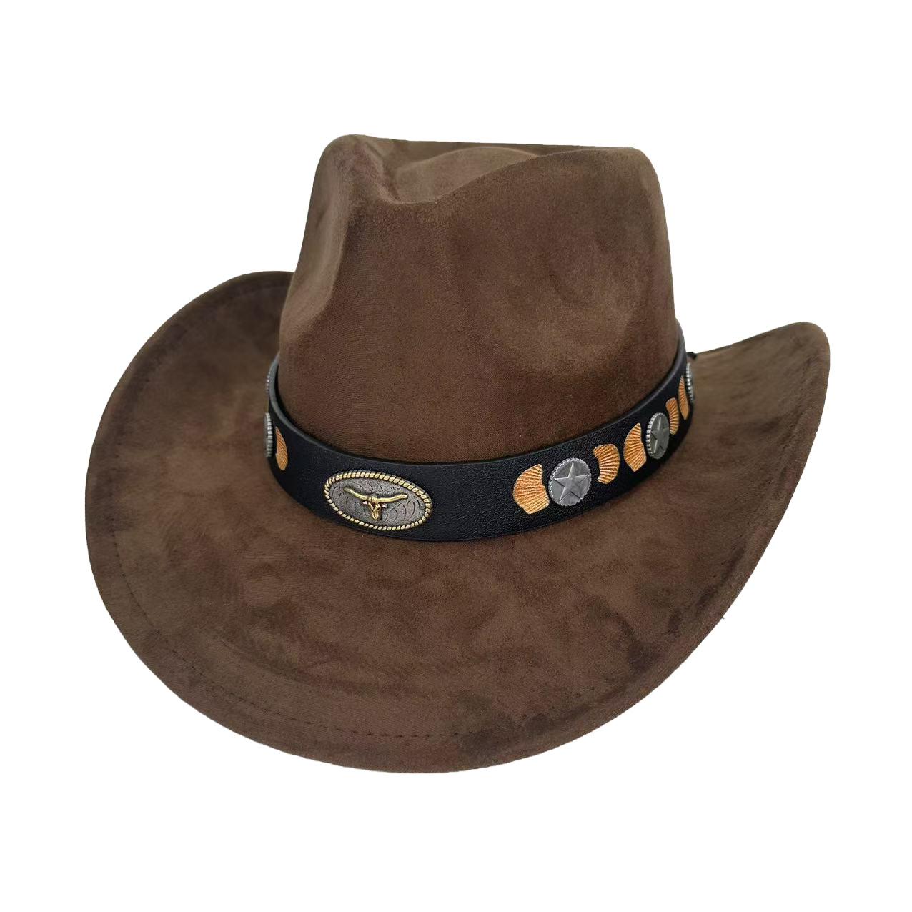 

Suede Top Hat Retro Bull Head Decoration Western Cowboy Hat Tibetan Ethnic Style Jazz Hat Men M（56-58cm） темно-коричневого кольору