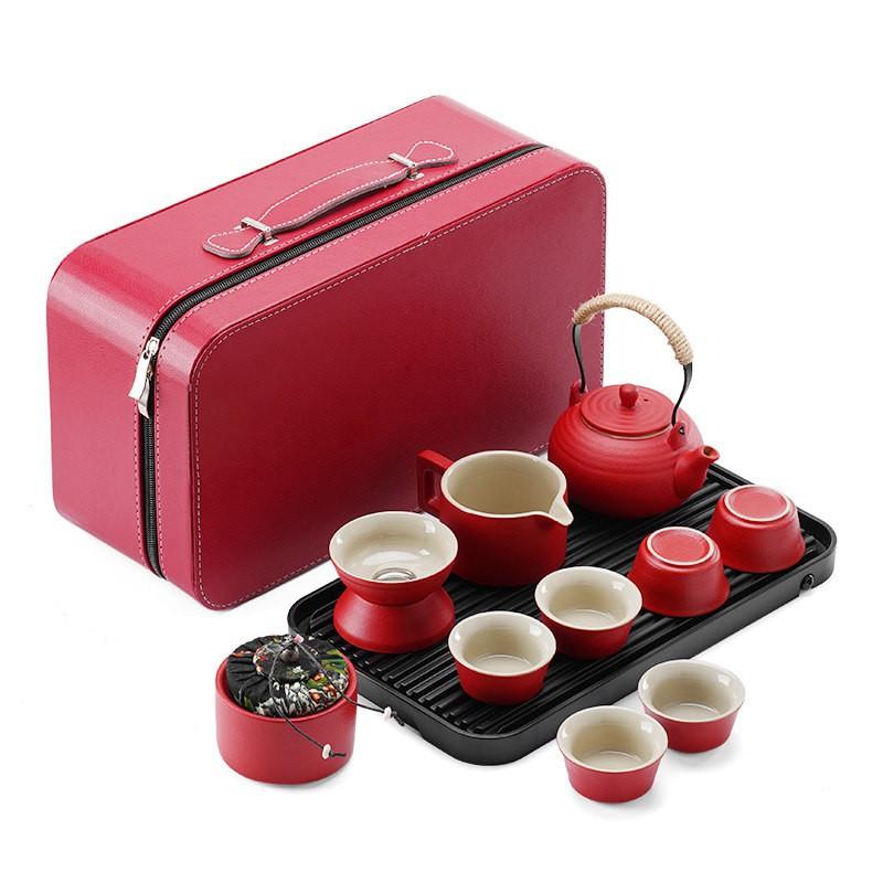 Portable Japanese-Style Ceramic Tea Set With Carry Case Minimalist Travel Cups Tray Office Outdoor Use