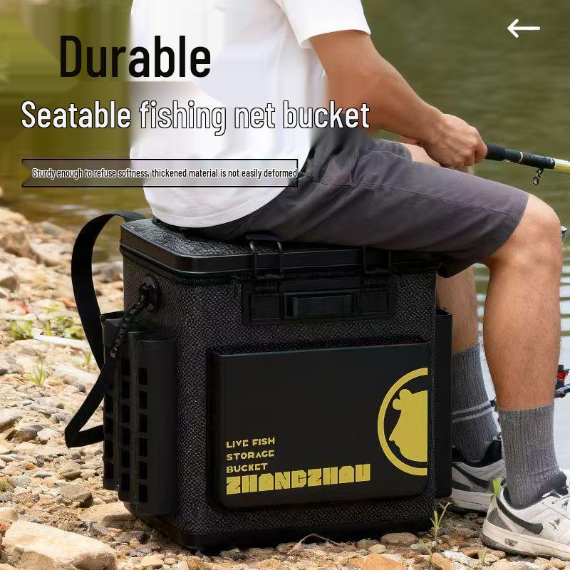 Foldable Hard Shell Fishing Bucket & Seat with Integrated Live Fish Storage