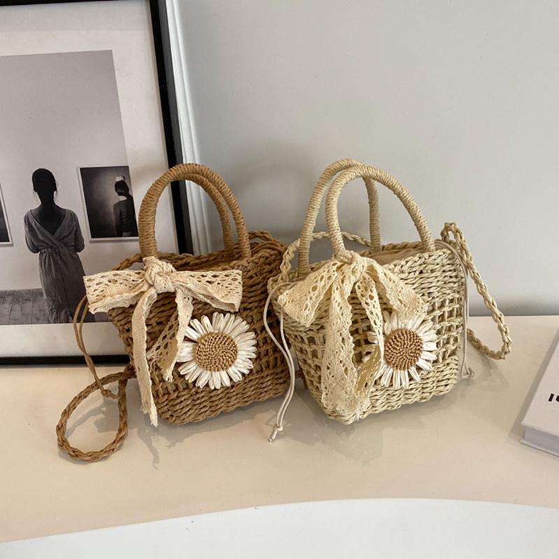 Yogodlns Stroh Handgefertigt Sommerurlaub Gewebt Damen Floral Dekor Kleine Umhängetasche Böhmisch Strand Reise Korb Crossbody Taschen