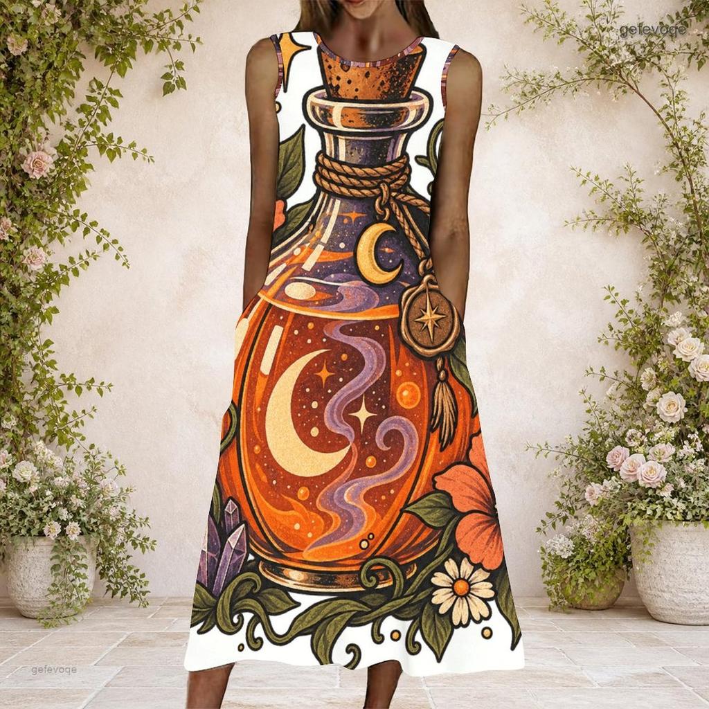 Women Plus Size Round Neck Sleeveless Cartoon Llama Printed A Line Maxi Dress With Side Pockets
