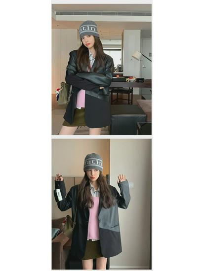 Women's Black Spliced Leather Jacket - Korean Style, Loose Fit, College Style, Short Suit for Spring & Autumn 2024