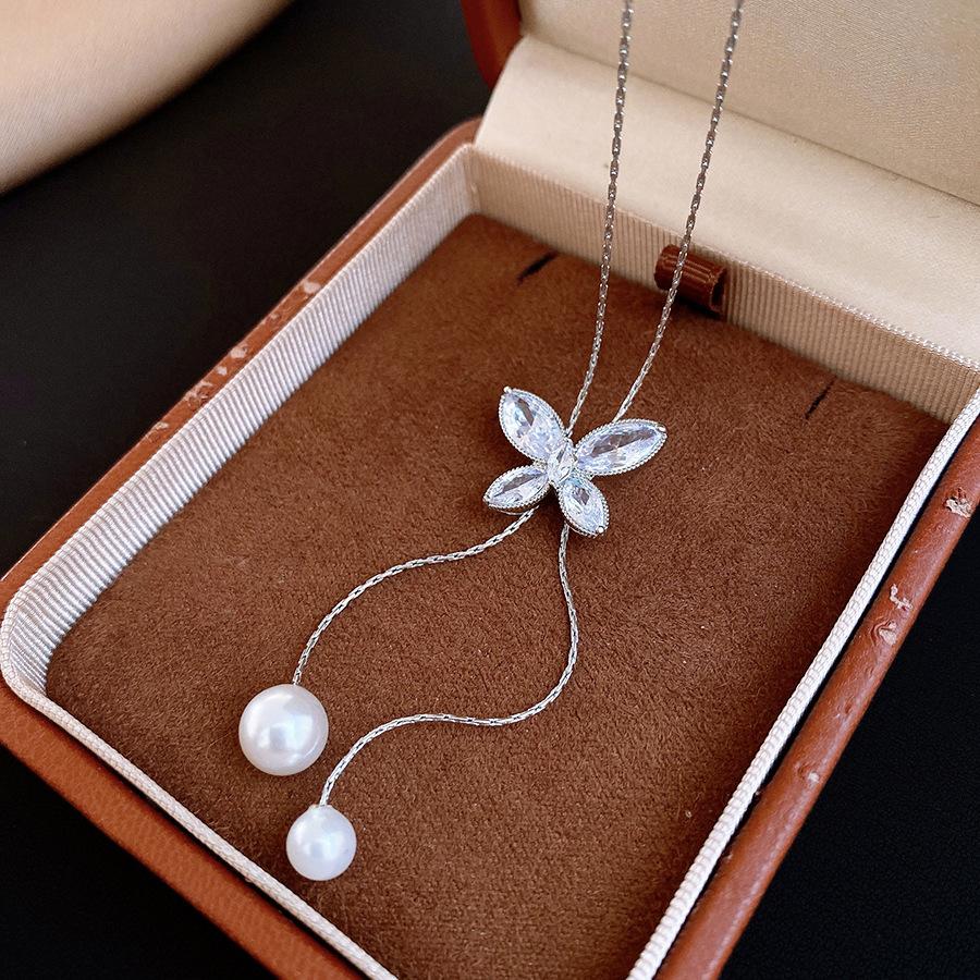 Korean Beaded Zircon Butterfly Pearl Necklace Sweater Chain Necklace Women