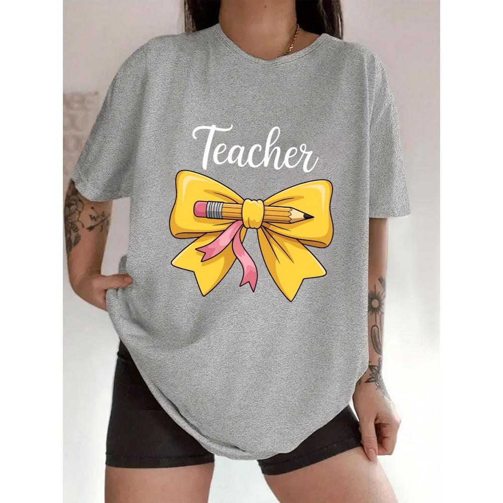 

Yellow Bow and Pencil Pattern Fun Teacher Theme Pattern Printing Casual Daily Round Neck Sleeved Spicy S