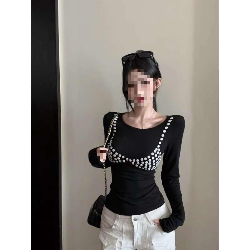 Elegant Sequin Long-Sleeve T-Shirt for Women - Chic Korean-Style Winter Top