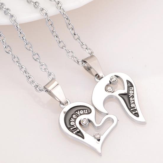1 Pair Couple Necklace I Love You Rhinestone Inlaid Unisex Heart Shape Pendant Lover Necklace for Anniversary