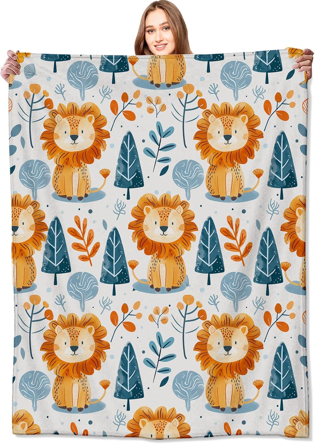 Cute Lion Forest Throw Blanket, Cartoon Jungle Animal Blanket for Sofa Bed Travel Decor, Cozy Gift for Kids & Animal Lovers 75X95CM