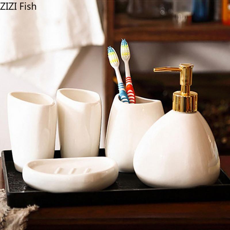 Minimalist Ceramic Bathroom Accessories Set Hand Sanitizer Bottle, Cup, Soap Dish Tray Household Soap Dispenser Lotion Bottle