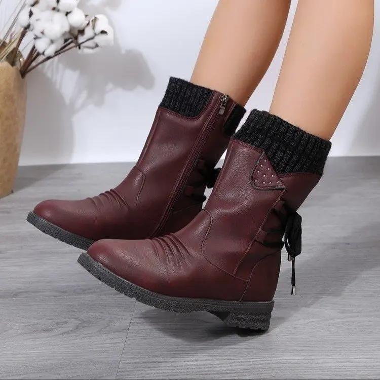 Mode Damen Retro Warme Wollstiefel Wintermode Schnürung Plateau Lässige Baumwollschuhe Flauschiges Plüsch Wildleder Kälteabweisende Kurze Schneestiefel