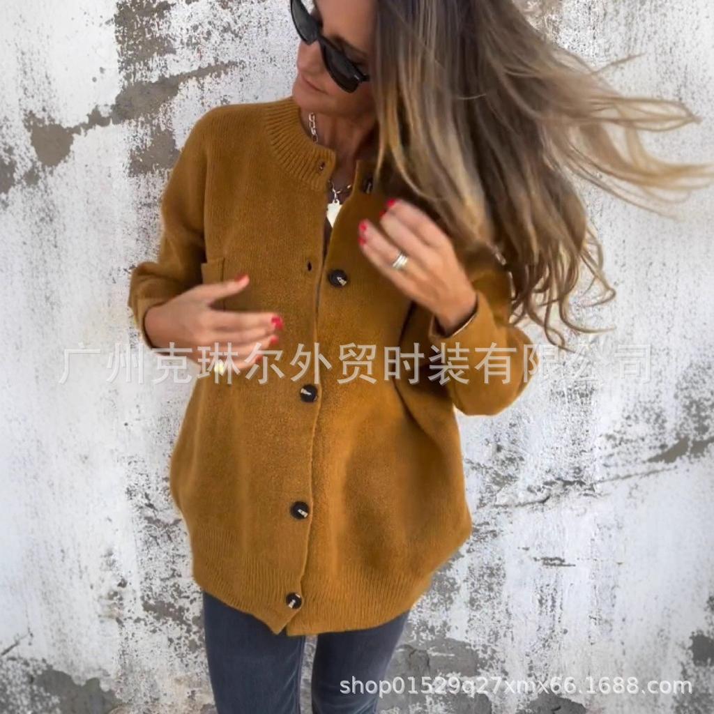 2025 Hot Sale Knitted Jacket Stand-Up Collar Large Size Sweater Solid Color Cardigan Women's New