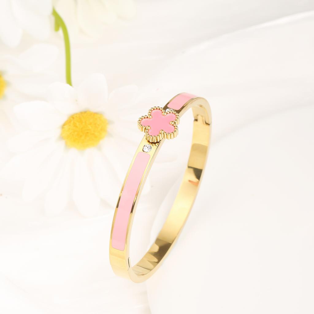 6 Colors Classic Luxury Stainless Steel Five Leaf Flower Open Bangle Simple for Woman Girl Party Trend Enamel Zircon  Clover