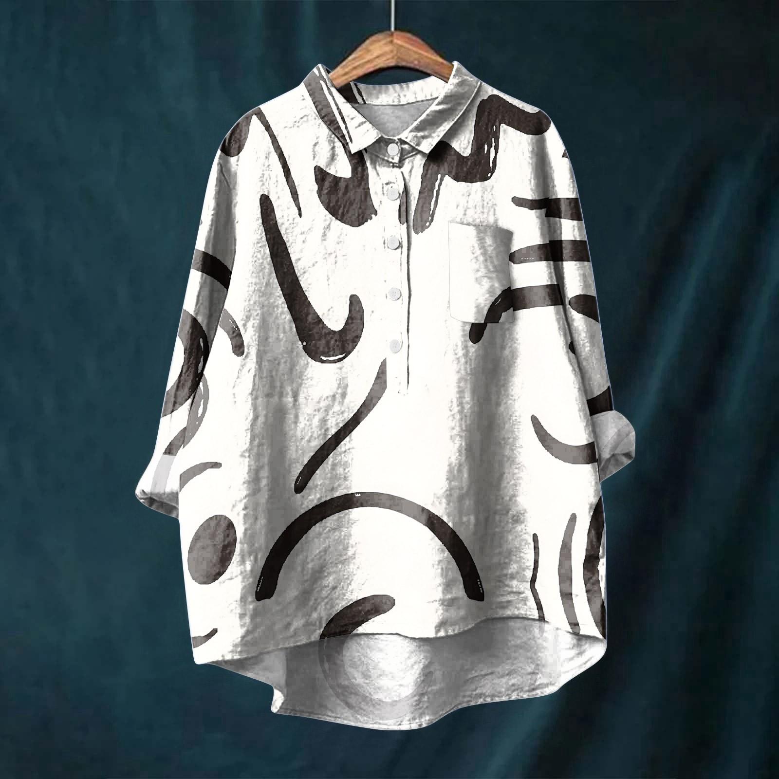 

Женская рубашка с длинным рукавом на пуговицах, ретро геометрический принт, повседневный неровный подол, рубашечный воротник, топ XXL бежевый