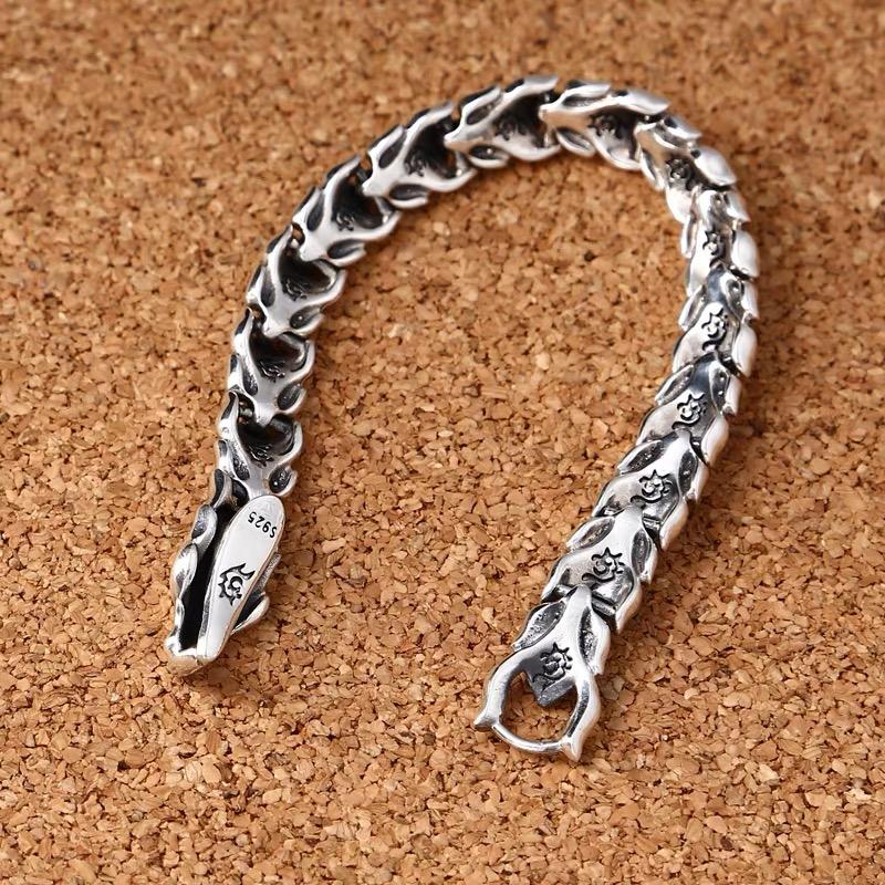 12mm Width Real Silver Retro Classical Dragon Links Bracelets For Man Male S925 Sterling Silver Vintage Bracelet Fine Jewelry