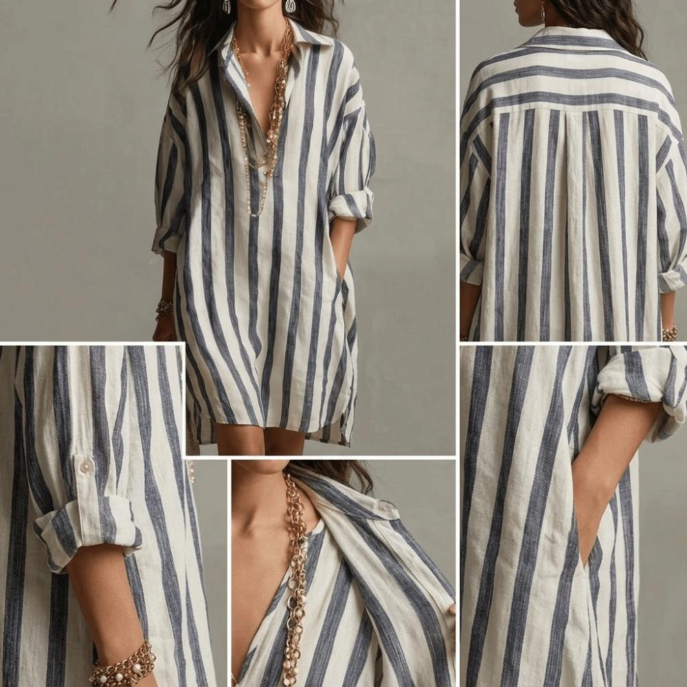 Long Sleeve Shirt Dress Patchwork Women Long Skirt Beach Wear Striped Dresses  Spring Summer