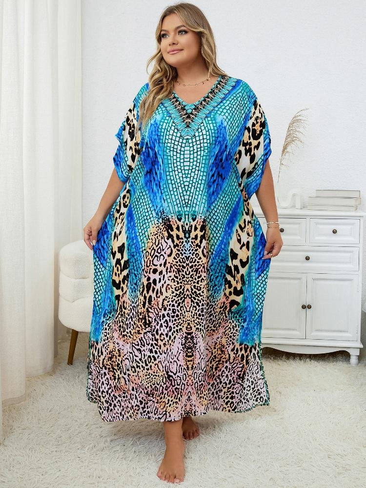 EDOLYNSA Blue Leopard Print Women's Kaftan Oversized Bohemian Printed Long Dress Lounge Snazzy Boho Party House Dress Summer Wear Q1415