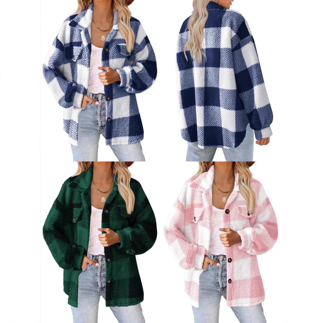 

Women s Plaid Lamb Wool Jacket with Pockets and Buttons - Cozy Autumn/Winter Coat X-Large синій