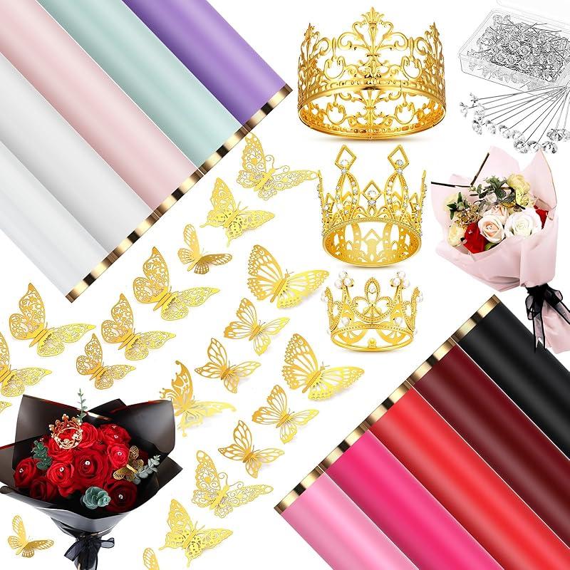 Qeeenar 40 Sheets Flower Bouquet Wrapping Paper Waterproof Florist Bouquet Packaging Paper with 3 Pcs Crowns 48 Pcs 3D Butterflies Decor 100 Pcs