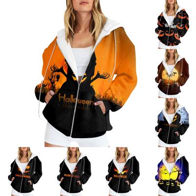 Kadın Modası Günlük Cadılar Bayramı Baskılı Sweatshirt Sonbahar Kış Uzun Kollu Cepli Fermuarlı Kapüşonlu Hırka Ceket