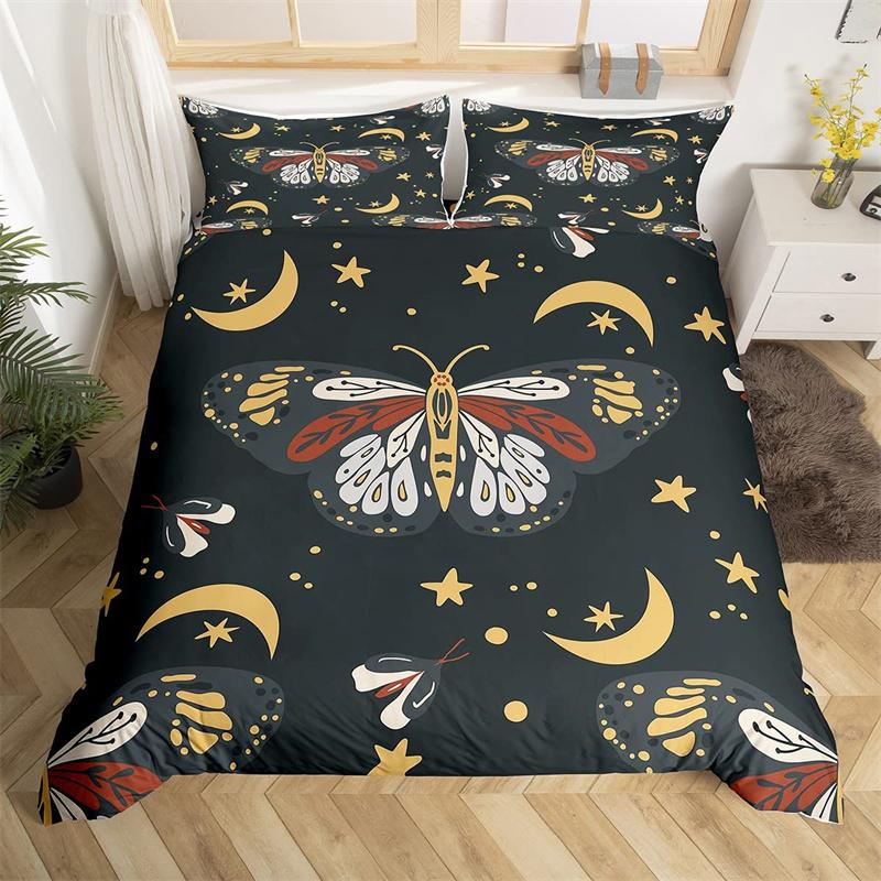 Death Moth Duvet Cover Set Queen Size Gothic Skull Boho Comforter Cover Black And White Skeleton Decorative Soft Bedding Set