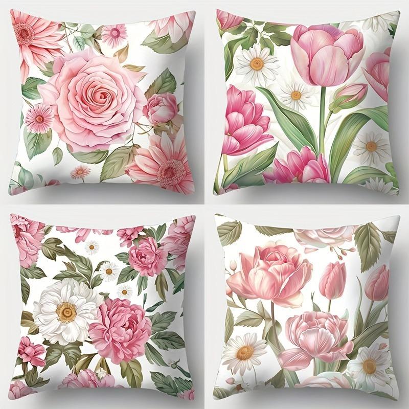 Watercolorstyle Pink Flower Pattern Doublesided Printed Pillow Cover Short Plush Suitable Living Rooms Throw Cushion Cover
