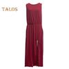 Women Summer Dress Pleated Round Neck Sleeveless Solid Color Loose Slit Hem Maxi Dress Daily Date Party Wear Long Dress