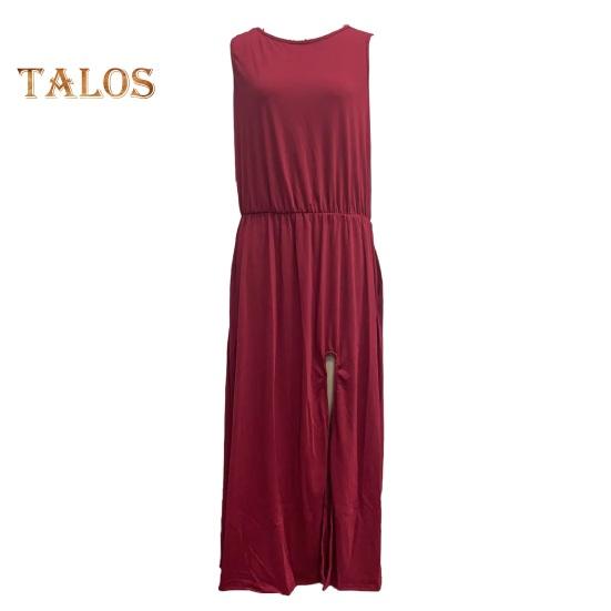 Women Summer Dress Pleated Round Neck Sleeveless Solid Color Loose Slit Hem Maxi Dress Daily Date Party Wear Long Dress