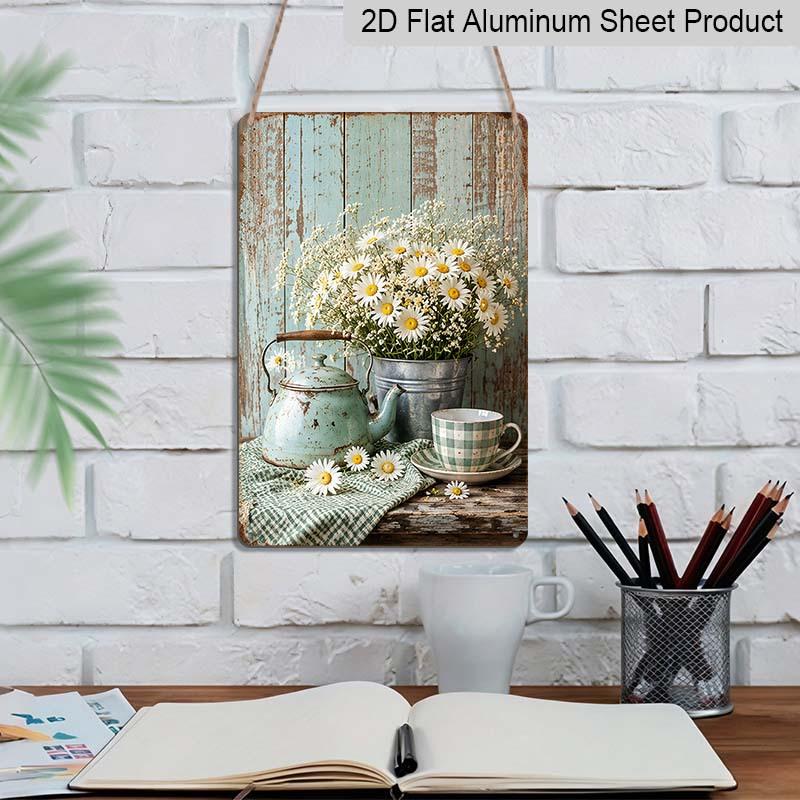 2D Flat Rustic Farmhouse Daisy Teapot Coffee Cup Vintage Metal Sign - 8.0x12.0inch Aluminum Wall Art, Country Kitchen Farmhouse Wall Decor