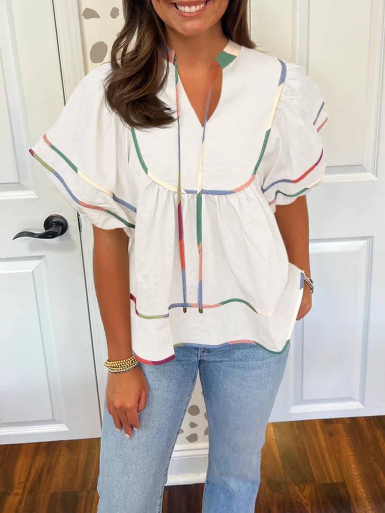 Women's Babydoll V Neck Blouse Short Lantern Sleeve Loose Peplum Flowy Top